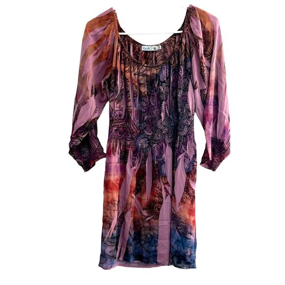 Unity World Wear Tops - UNITY WORLD WEAR Women's M Babydoll Pink Mix Media Print Tunic Blouse Y2k Sheer